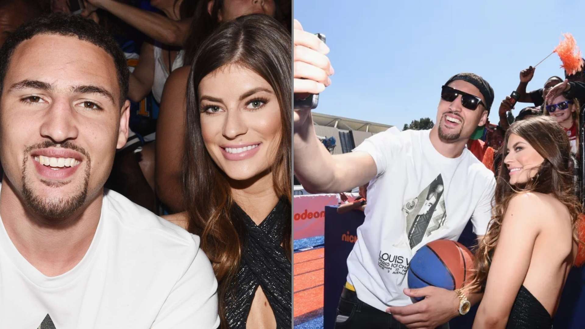 Klay Thompson and Hannah Stocking posing together at a Nickelodeon event.