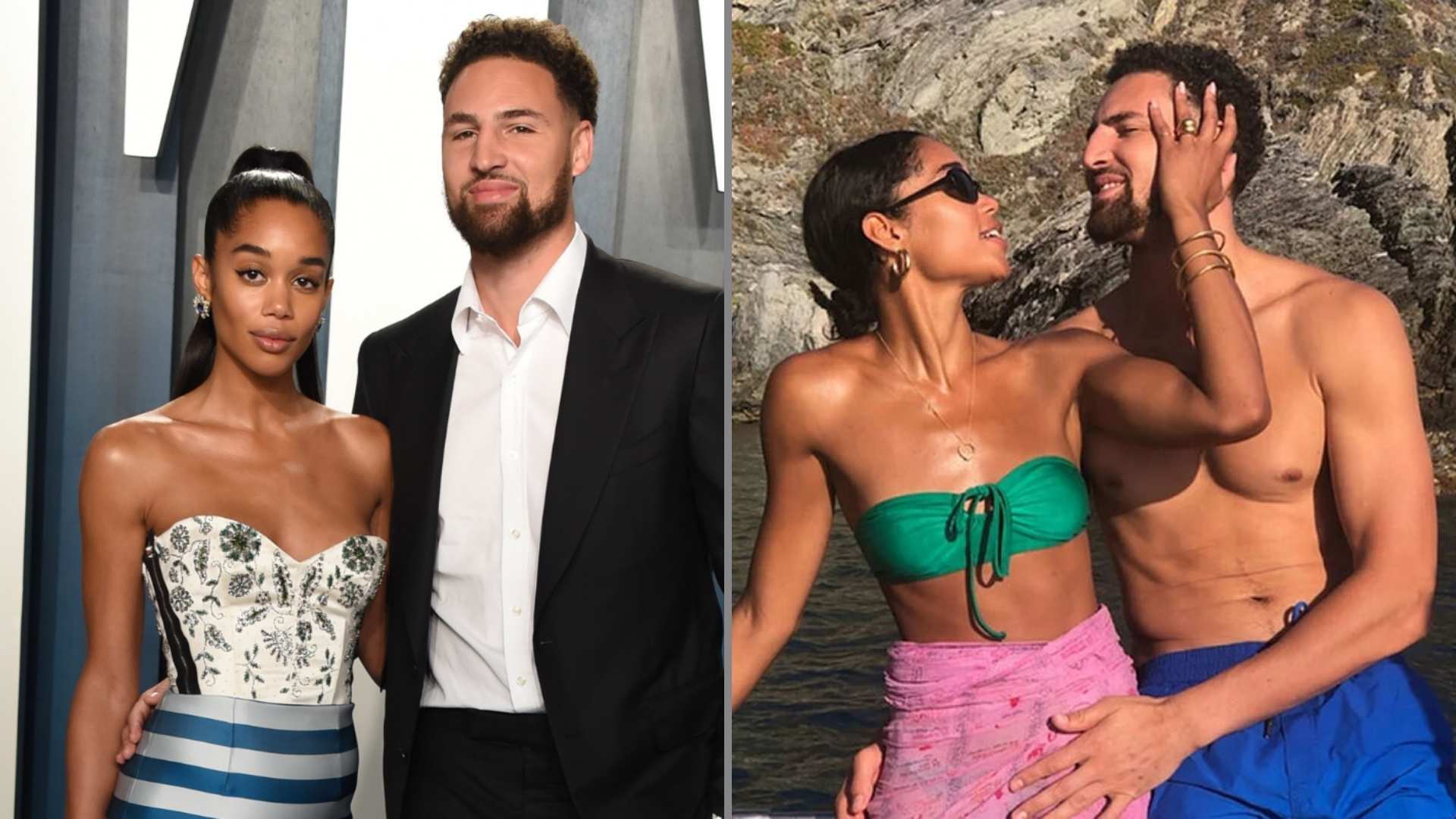 Klay Thompson and Laura Harrier posing together at an event and on vacation.