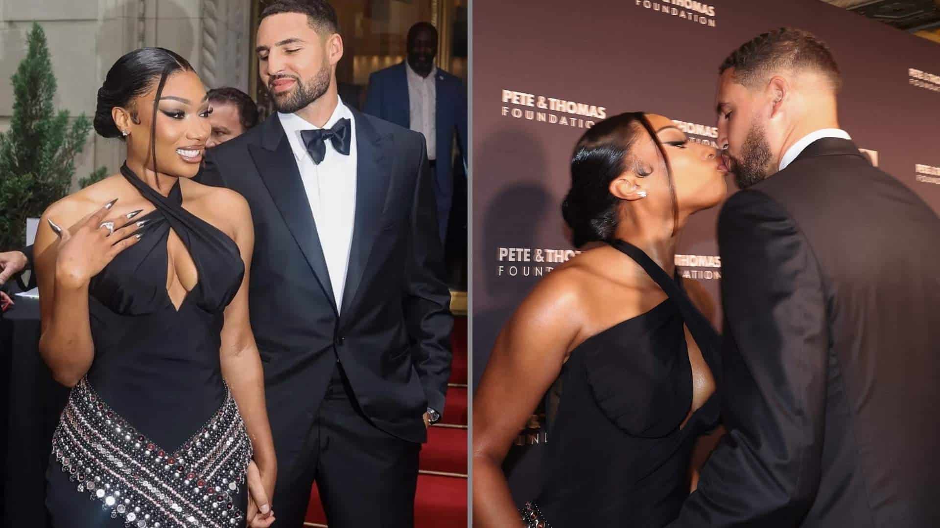 Klay Thompson and Megan Thee Stallion posing together at a formal event.