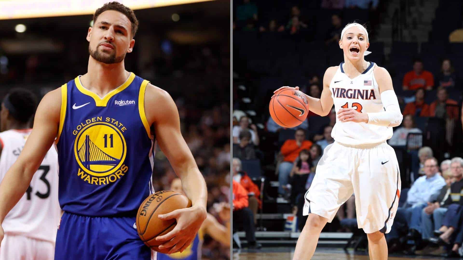 Klay Thompson and Tiffany Suarez shown in side-by-side basketball portraits.