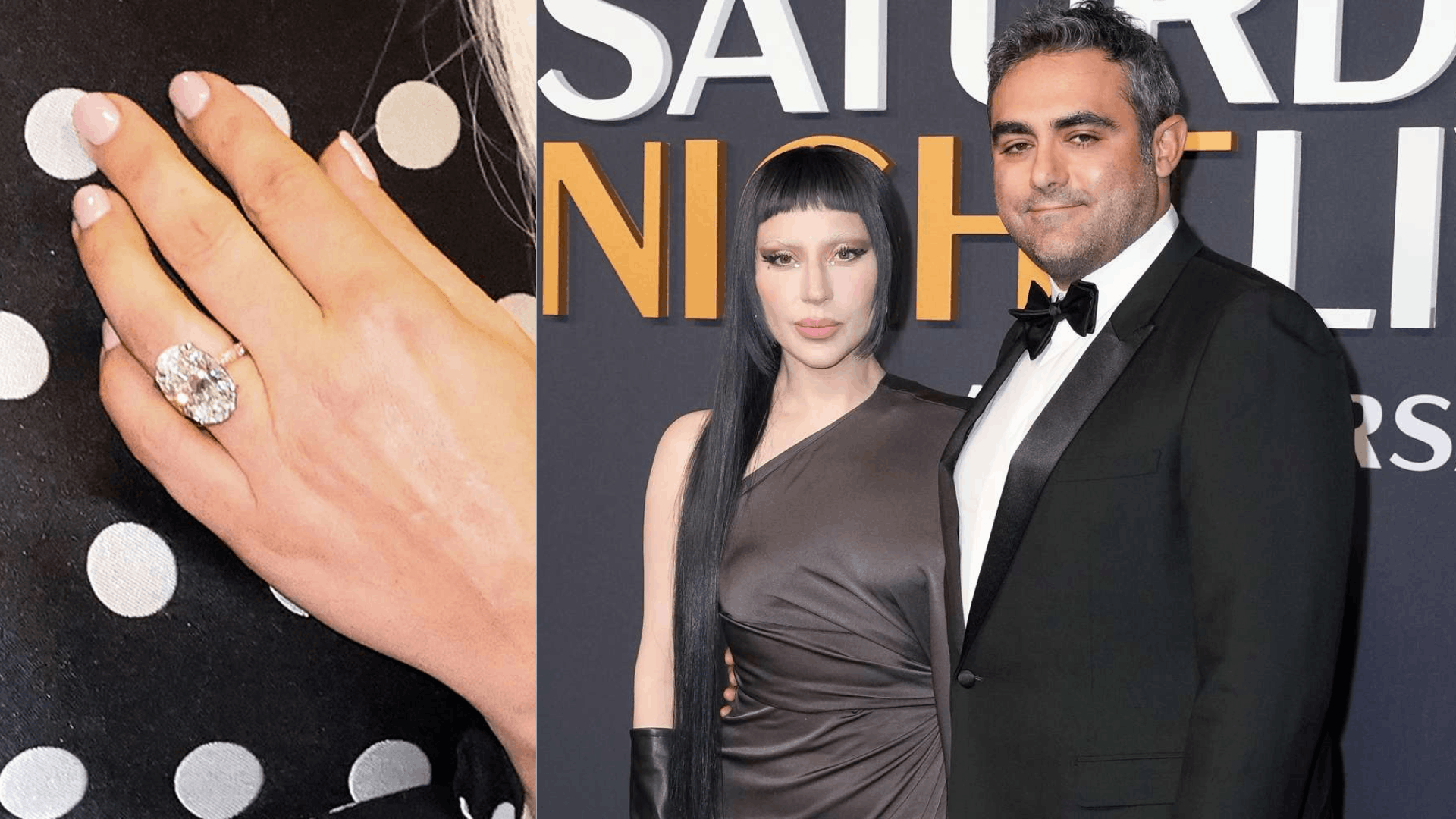 Lady Gaga wears a large oval-cut diamond engagement ring on her finger at a red carpet event.