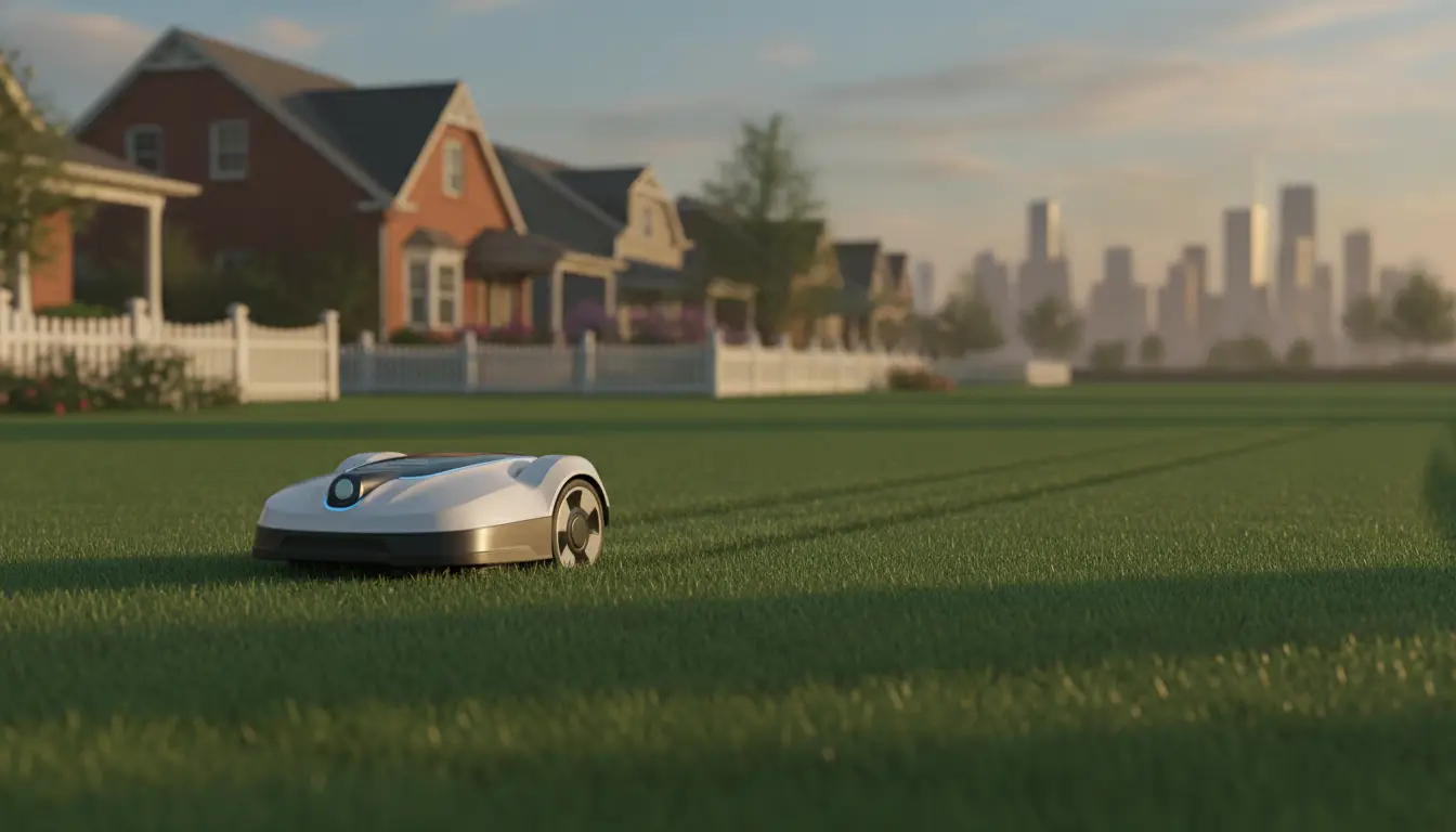Robotic lawn mower on green grass with suburban houses and city skyline in the background