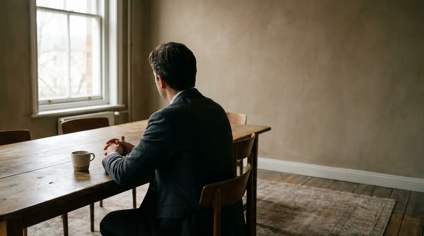 Man in suit sitting at wooden table with coffee cup in serene, sunlit room