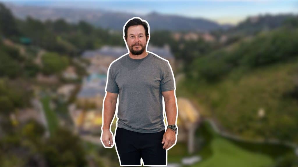 Mark wahlberg standing,The background shows a blurred aerial view of a large house surrounded by greenery and hills.