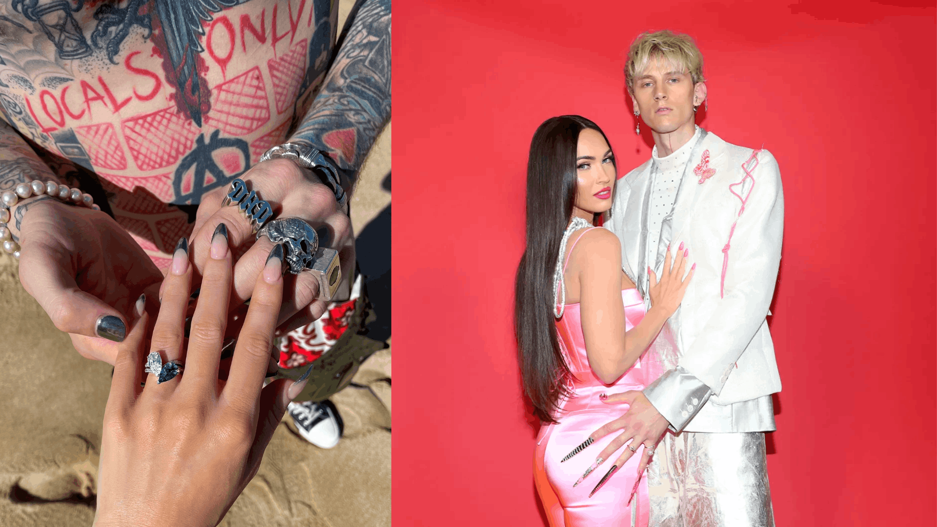 Megan Fox’s engagement ring combines a premium diamond with a Colombian emerald, held on her hand at an event.