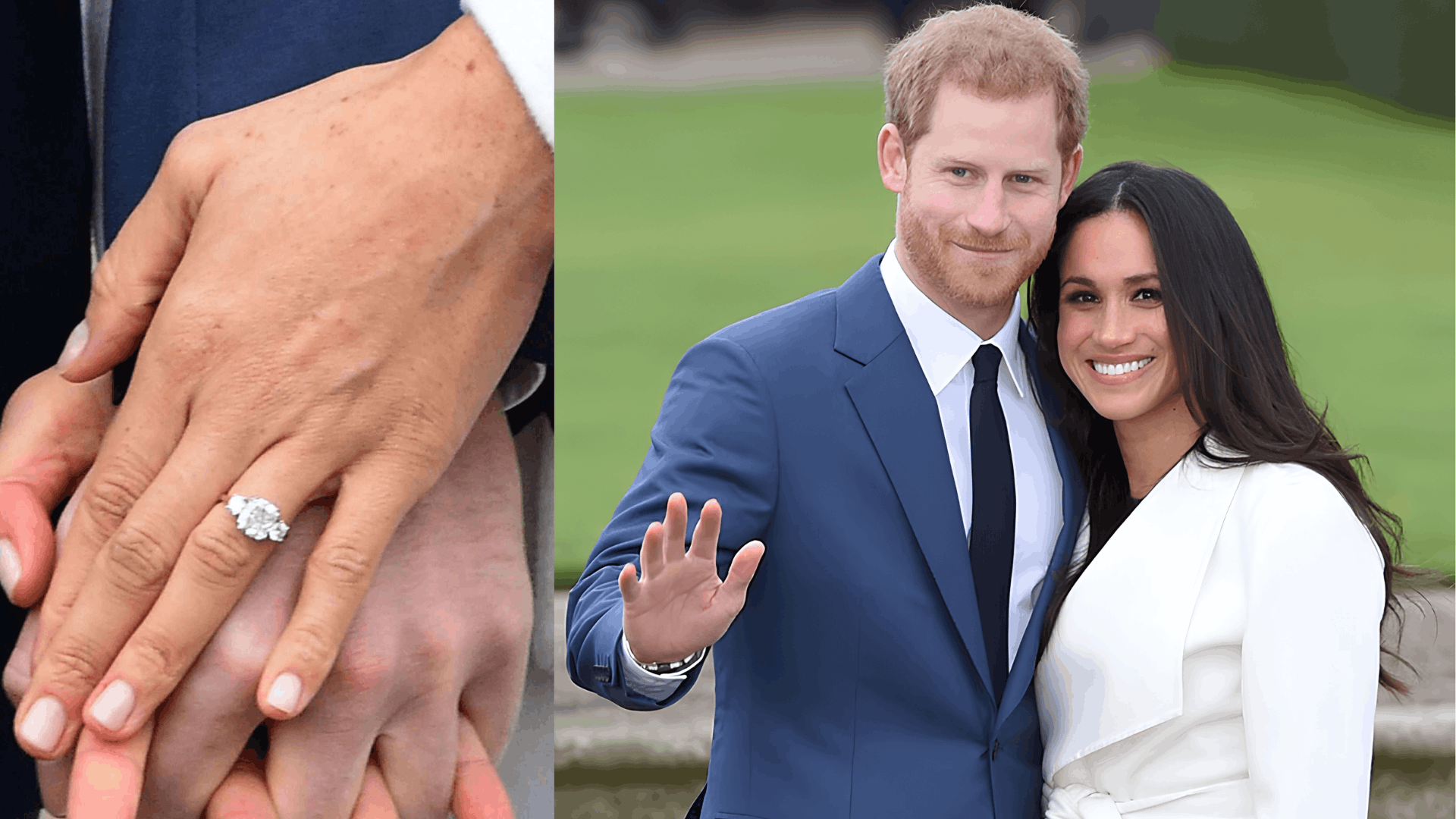 Meghan Markle displays a three-stone engagement ring with diamonds, photographed during a formal event.