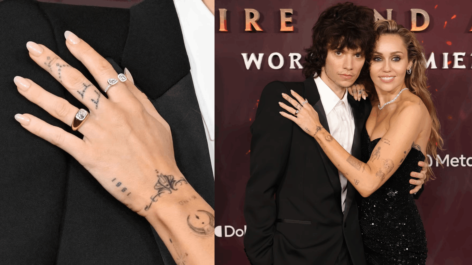 Miley Cyrus wears a cushion-cut diamond on a thick gold band, showing her engagement ring elegantly.