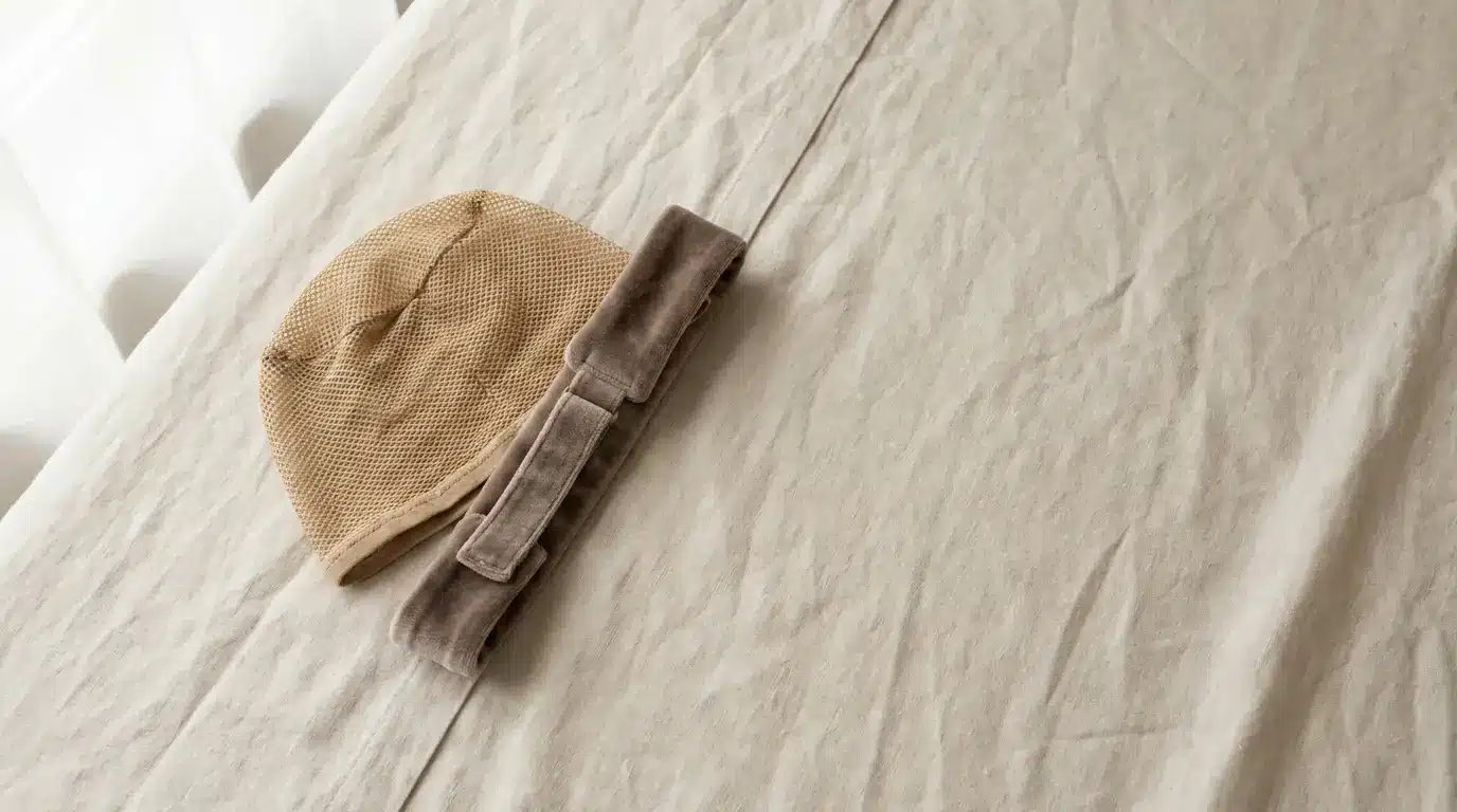 Beige knit hat and gray headband on a textured linen surface in soft daylight