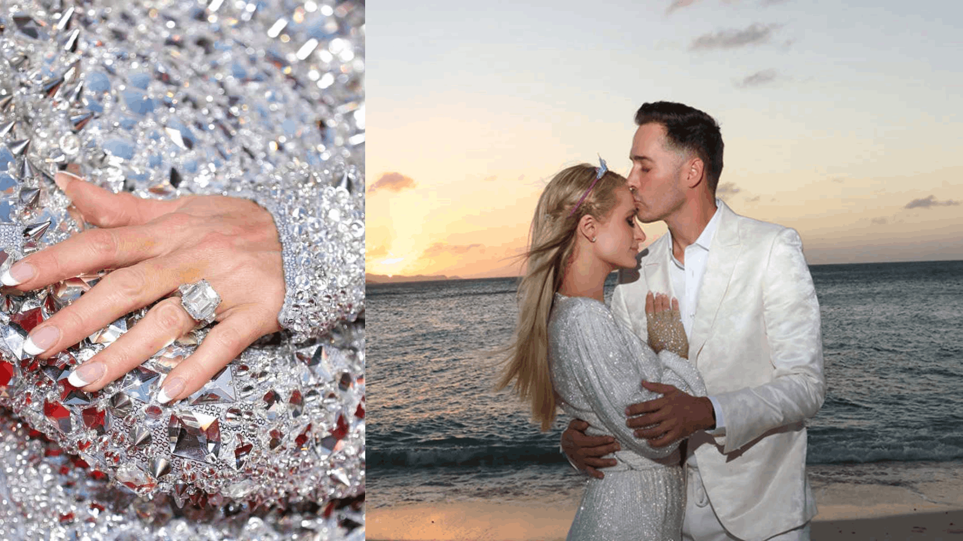 Paris Hilton shows off her engagement ring, a large diamond in a classic setting, on her manicured hand.