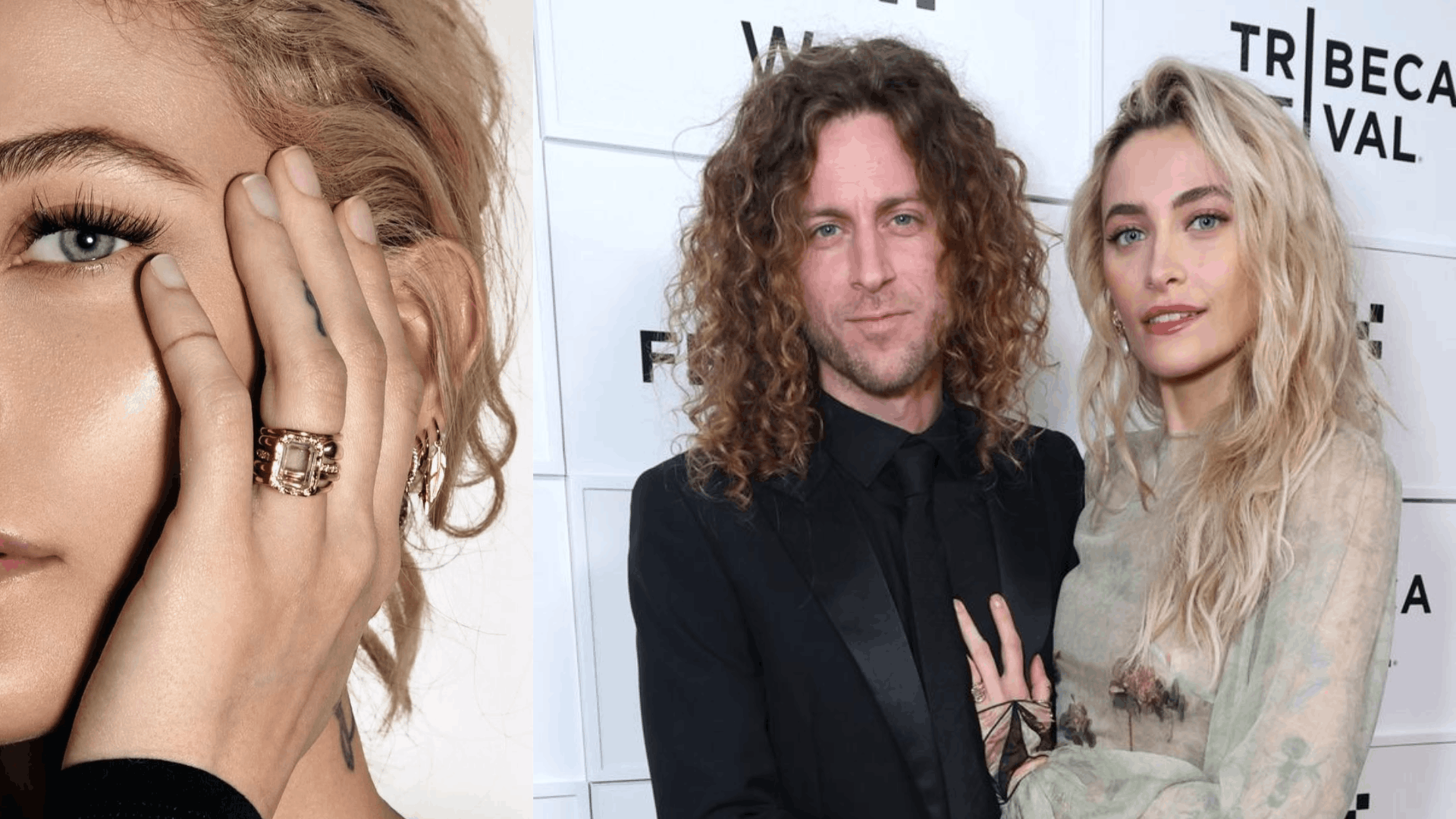 Elegant close-up of Paris Jackson showing her engagement ring, alongside a portrait with her partner at a film festival.