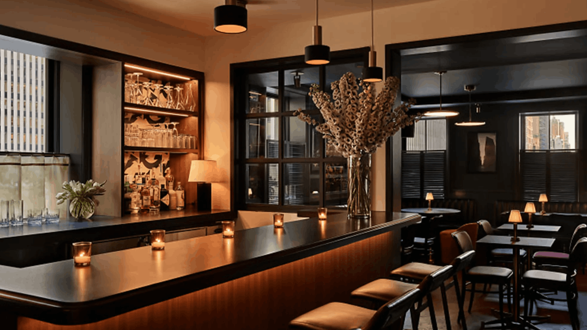 Interior of Pete Davidson's Pebble Bar. Posh Ambience and litted with mahagony furniture.