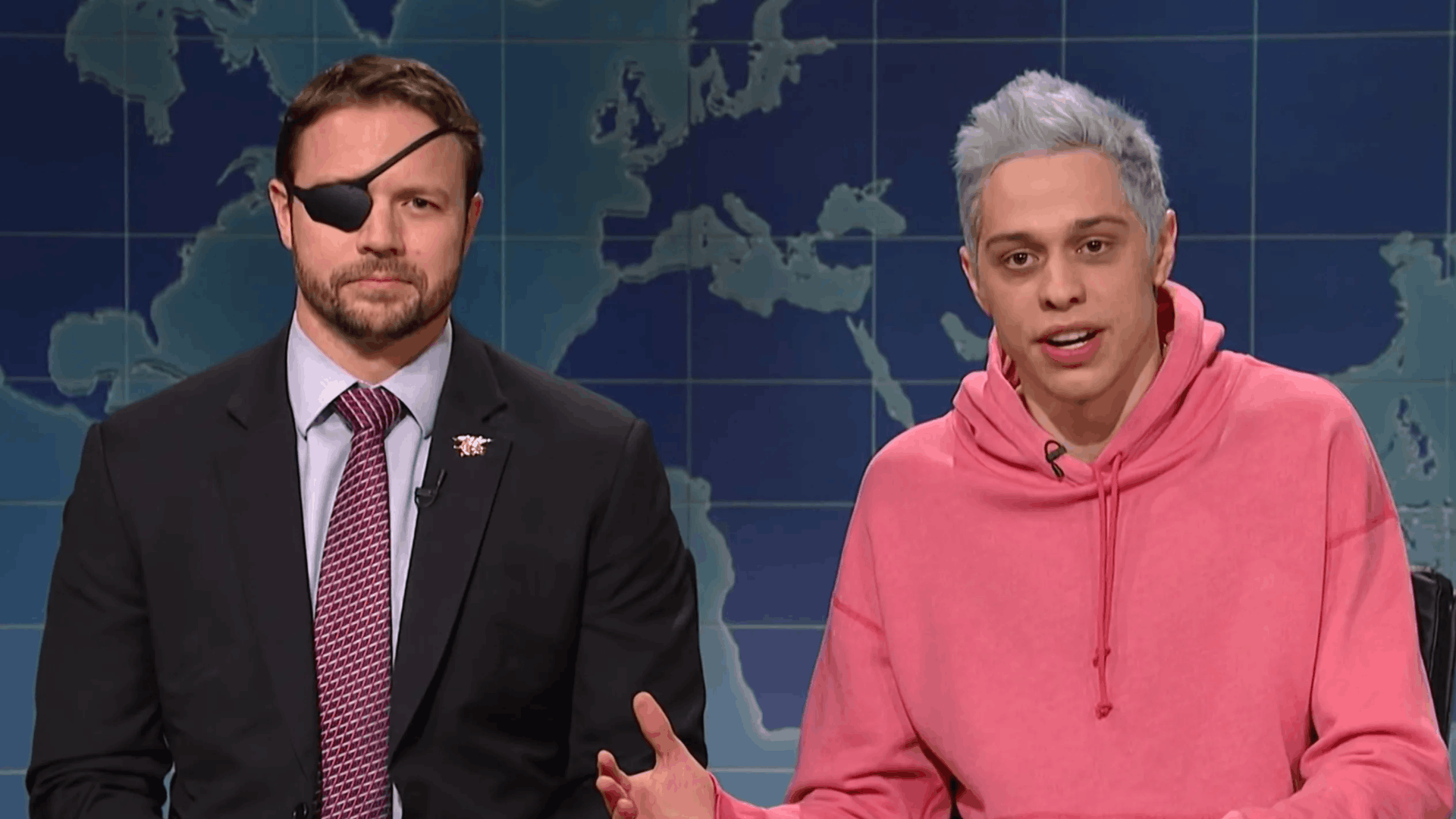 Pete Davidson performing at SNL with a co-host.
