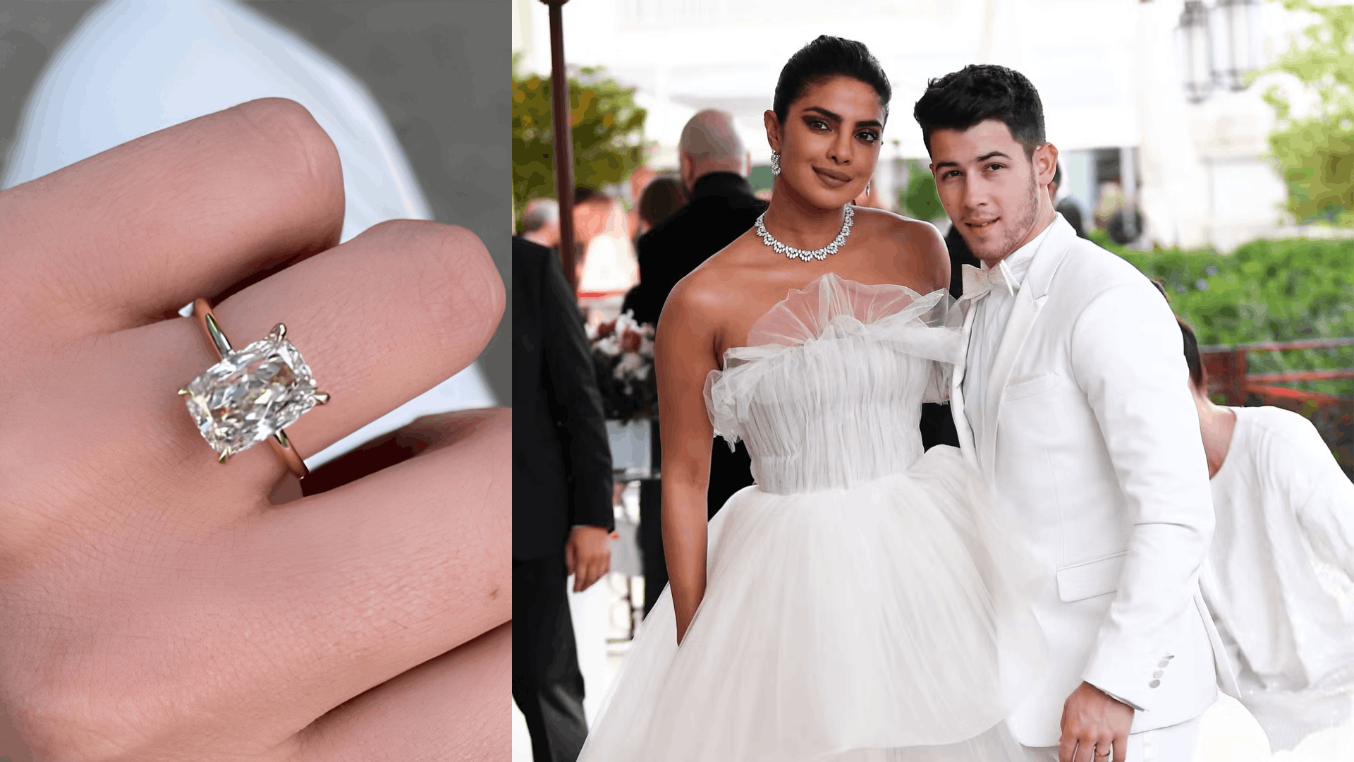Priyanka Chopra’s engagement ring features a large center diamond with a diamond-studded band, held on her hand.