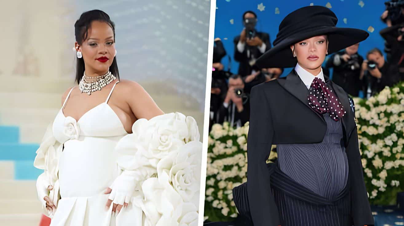 Rihanna making memorable Met Gala moments in 2023 and 2025, revealing her pregnancy news while showcasing impeccable style and elegance on the red carpet.