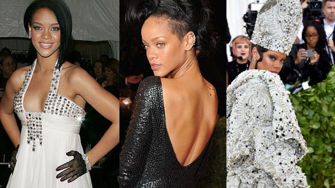 Rihanna's early Met Gala looks from 2007 to 2014, showcasing the foundation of her evolving red carpet style, from safe choices to bold fashion statements