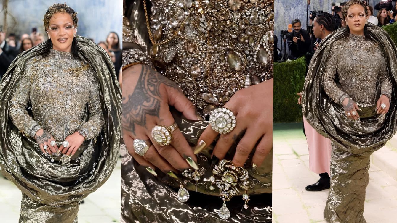 Rihanna stunning at the Met Gala, wearing a couture gown paired with dazzling jewelry, showcasing her iconic fashion sense and impeccable style on the red carpet.