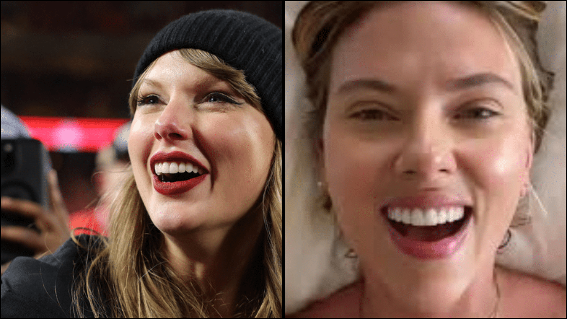 Side-by-side comparison of Taylor Swift and Scarlett Johansson smiling, highlighting differences in tooth brightness, alignment, and symmetry between their earlier and more recent appearances