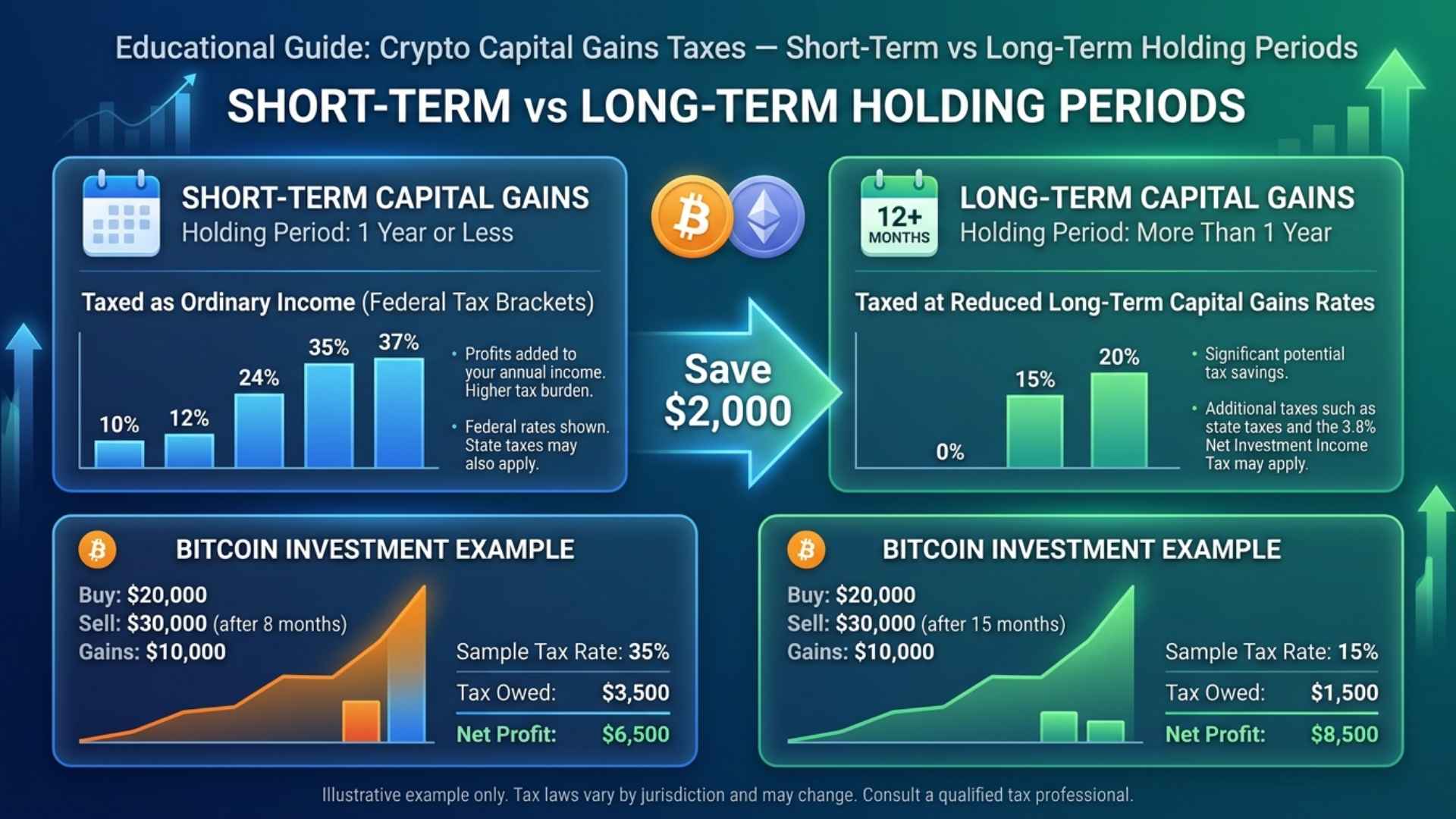 Infographic comparing short-term and long-term crypto capital gains tax rates and holding periods.