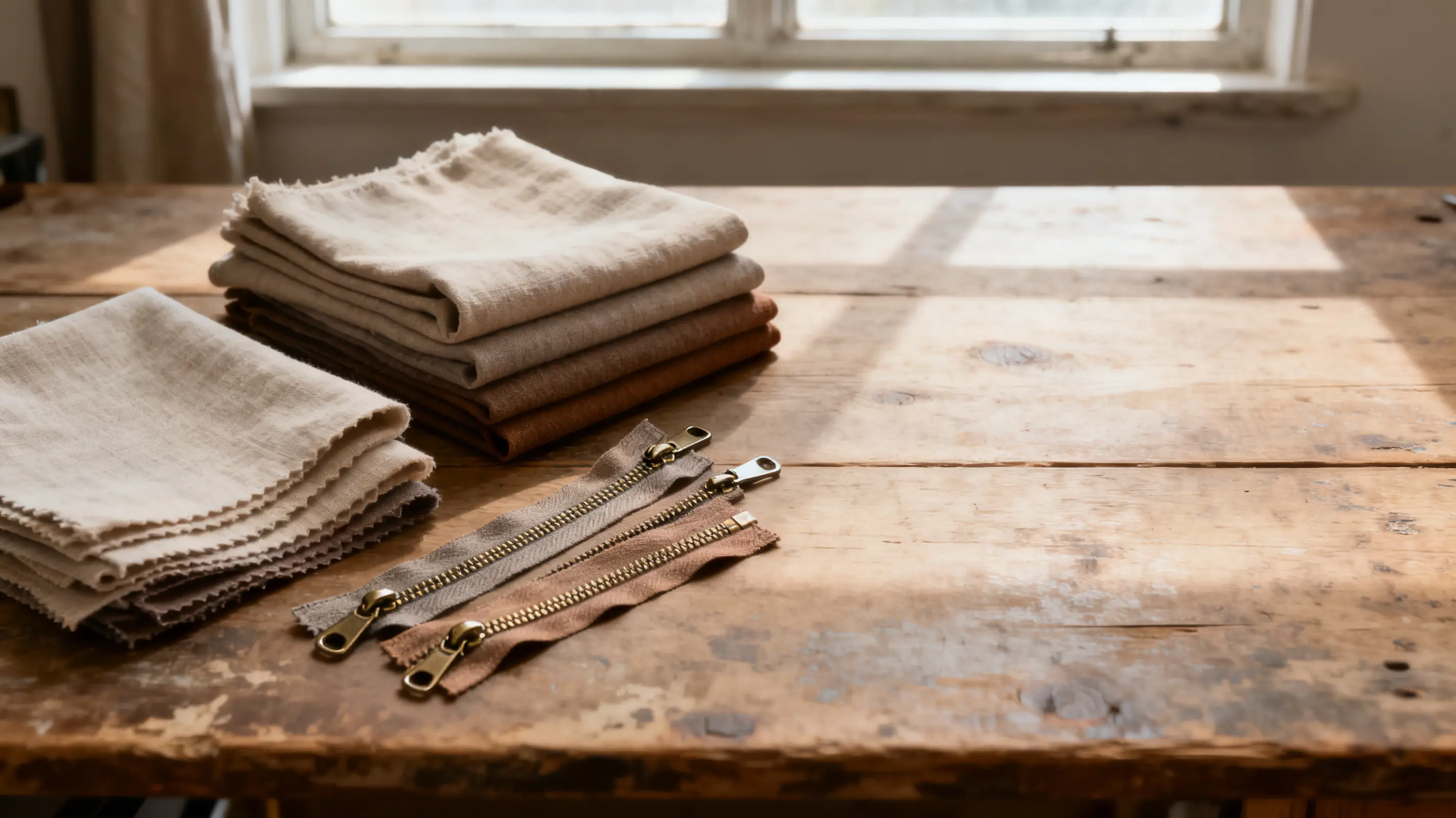 Fabric swatches and metal zippers on rustic wooden table under natural light