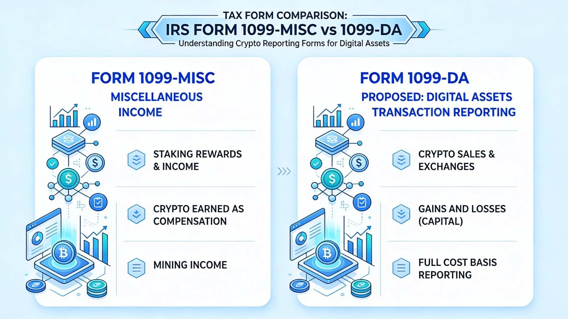Comparison chart of IRS crypto tax forms 1099-MISC and 1099-DA for Coinbase reporting.