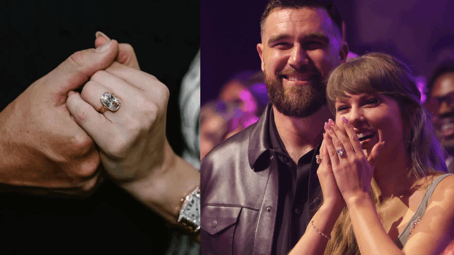 Taylor Swift’s engagement ring shows an elongated cushion diamond on a yellow gold hand-engraved band.