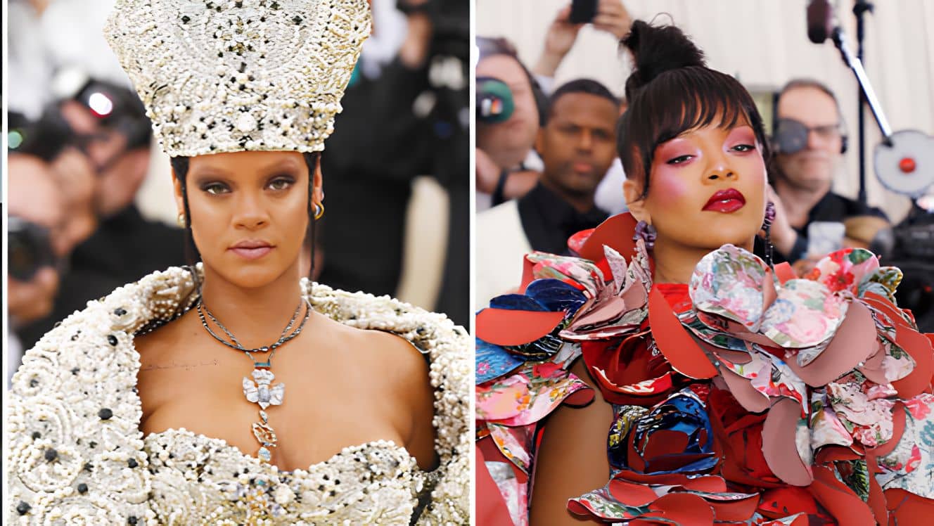 Rihanna in Comme des Garçons at the 2017 Met Gala and the stunning papal-inspired Maison Margiela look at the 2018 event, showcasing her fearless, theme-driven style