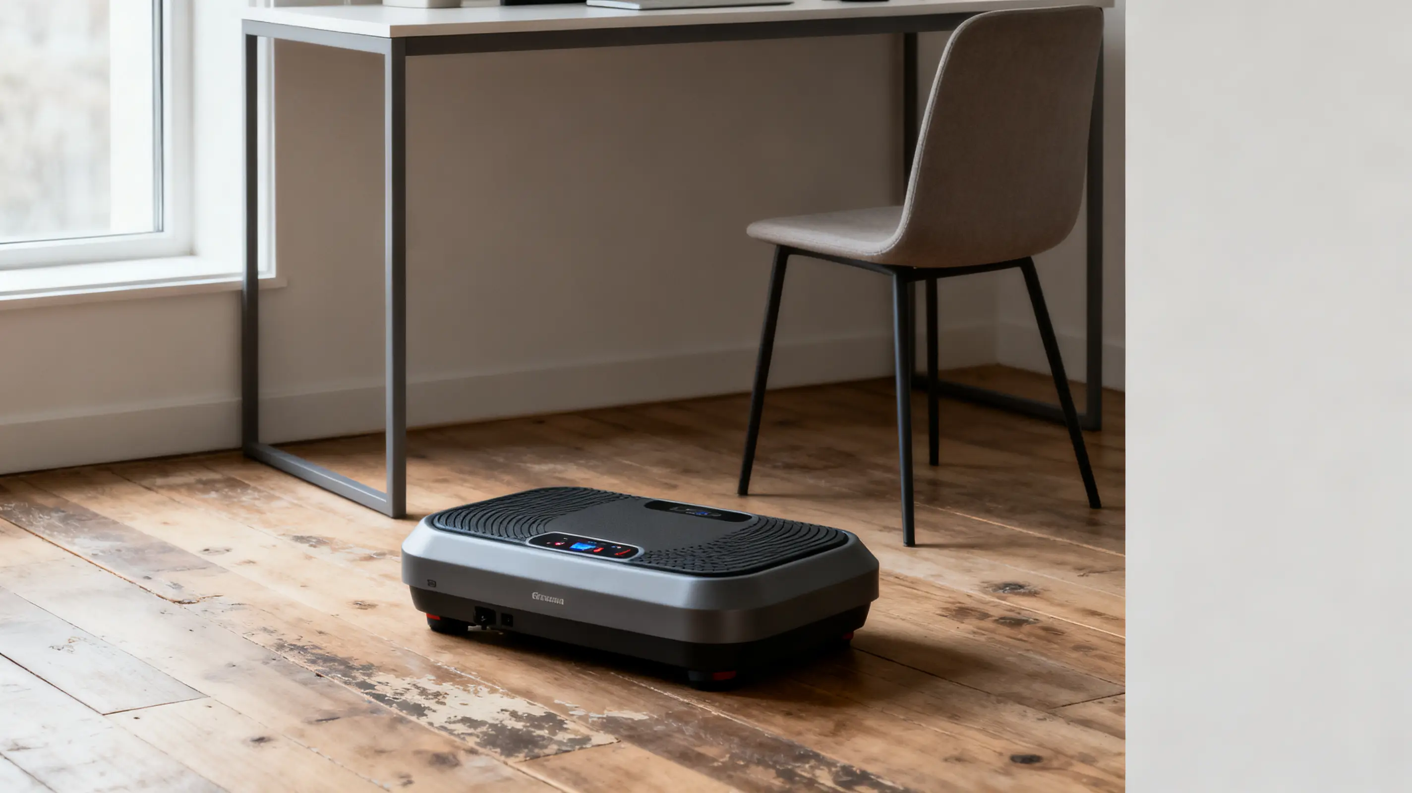 Black vibration plate on wooden floor next to modern desk and chair in bright room