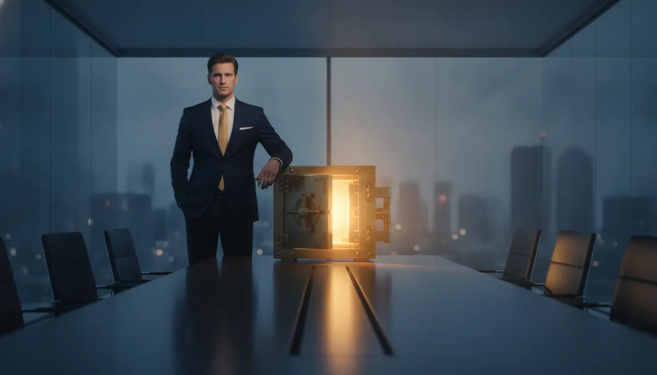 Businessman in suit standing beside open safe in modern conference room with city skyline backdrop