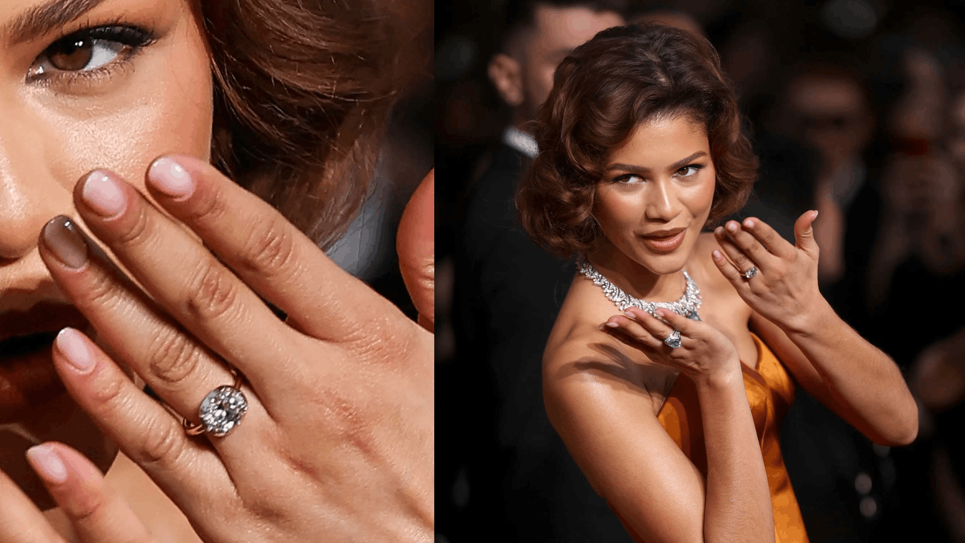 Zendaya displays her engagement ring, a cushion-cut diamond on a sleek band, at a glamorous event.