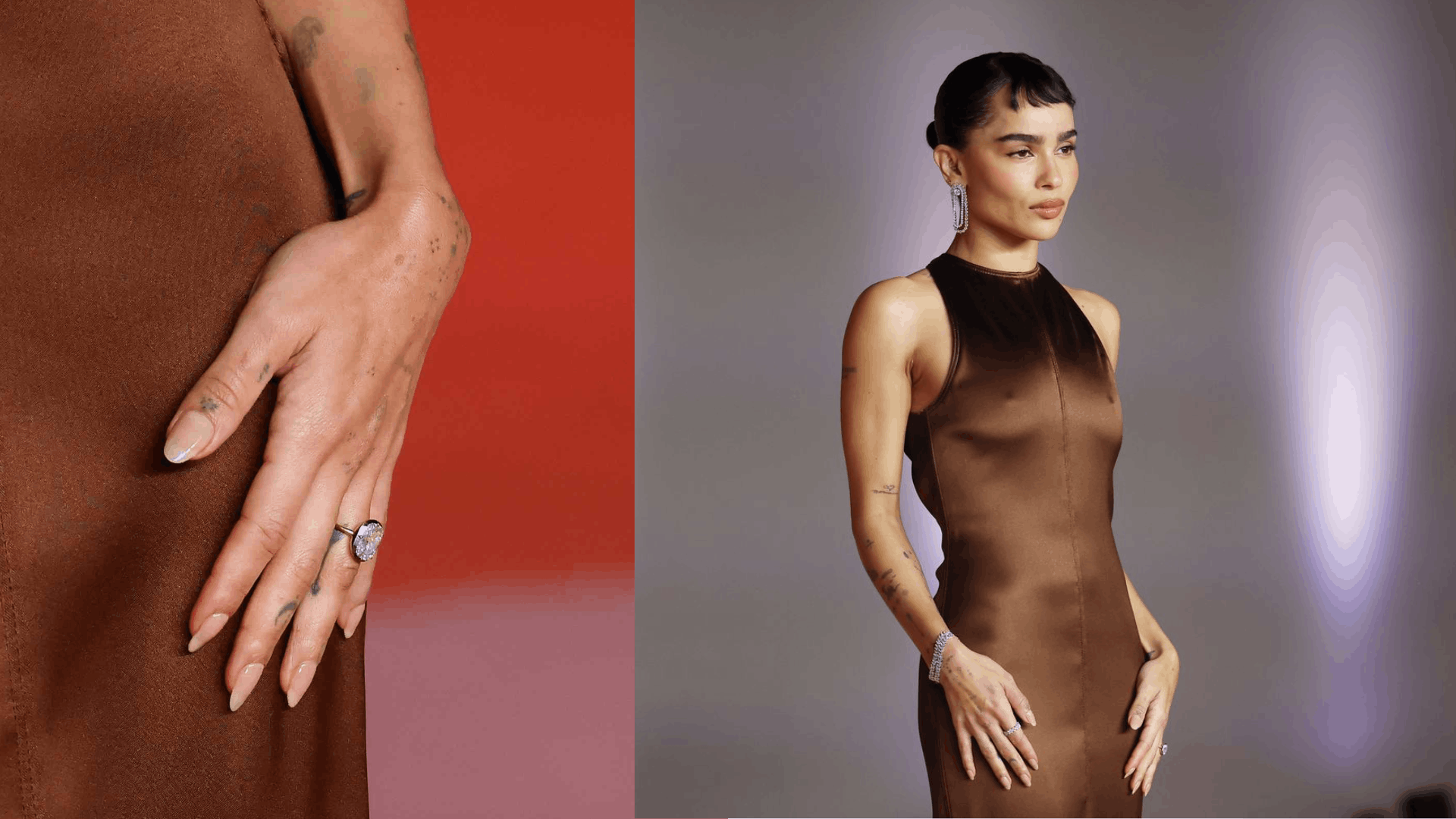 Zoë Kravitz shows a sparkling oval diamond engagement ring on her hand during a red carpet appearance.
