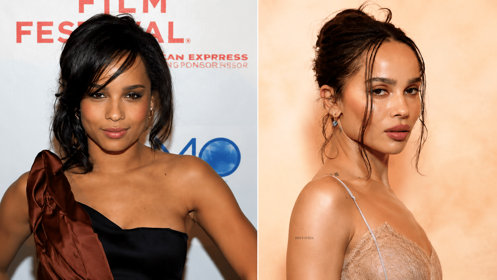 Zoë Kravitz lip comparison highlighting naturally lifted lip line and subtle enhancement in facial structure