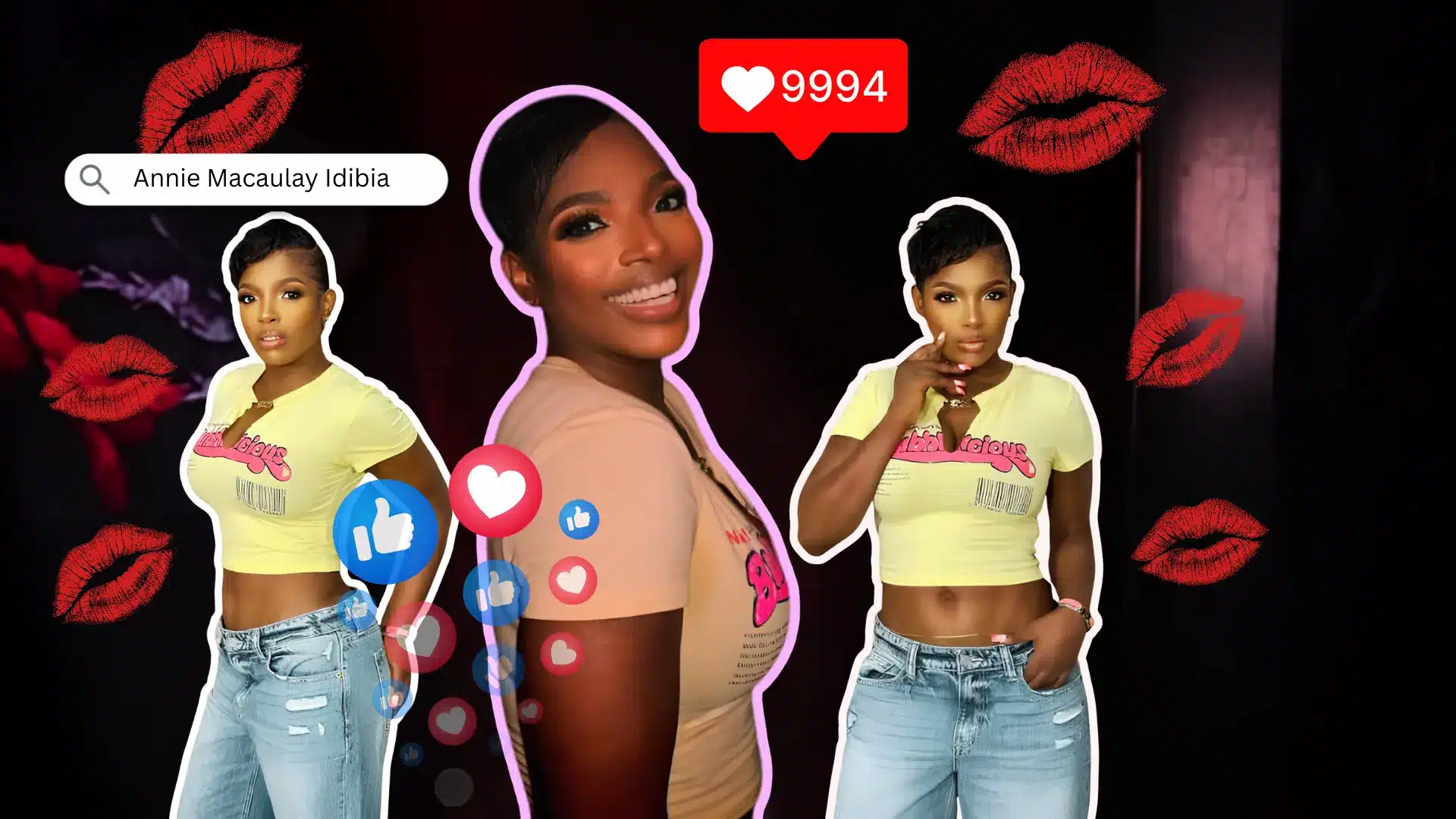 Annie Macaulay-Idibia smiling confidently in multiple looks surrounded by social media reactions and a search bar showing her name.