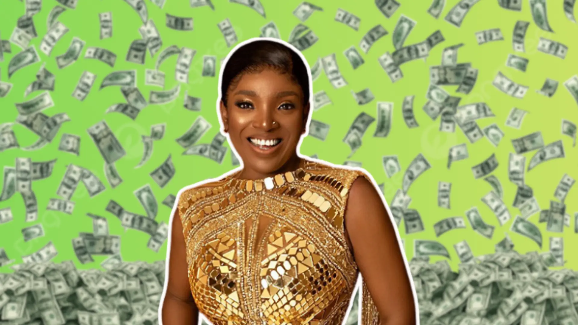 Annie Macaulay-Idibia in a gold embellished outfit surrounded by falling dollar bills representing her net worth in 2026.