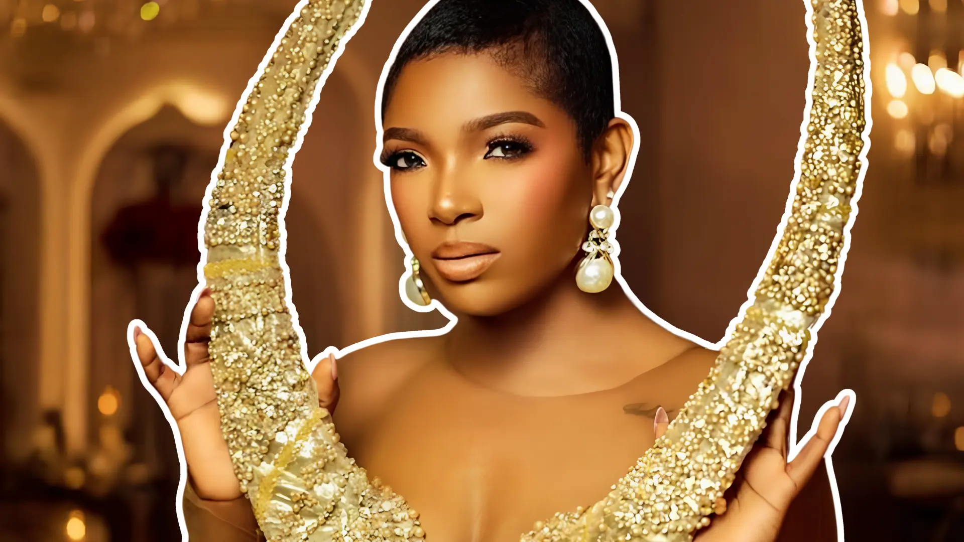 Annie Macaulay-Idibia in a gold sequined gown with pearl earrings representing her Nollywood acting career.