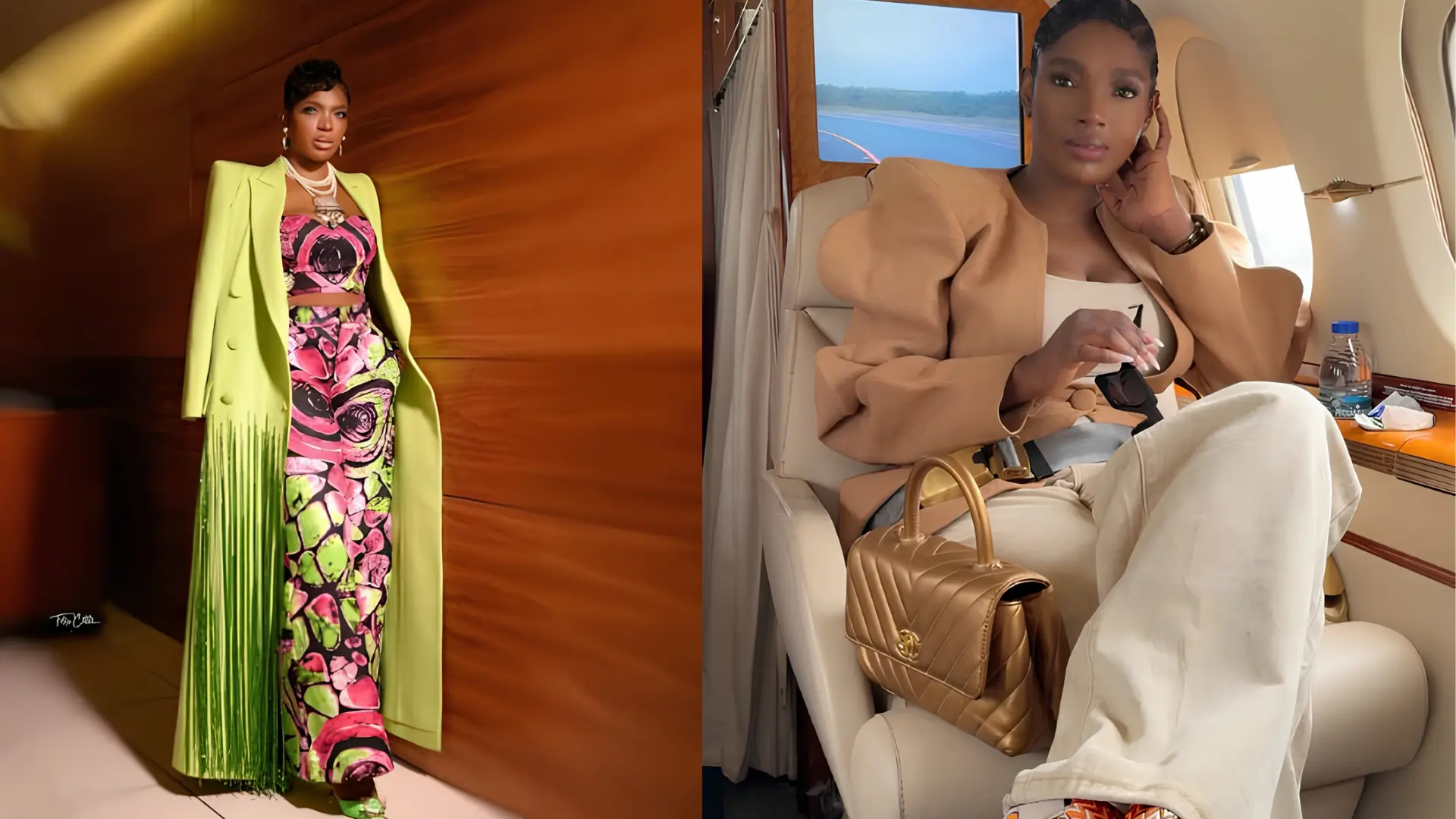 Annie Macaulay-Idibia in a bold green coat at an event and relaxing on a private jet with a gold Chanel bag.