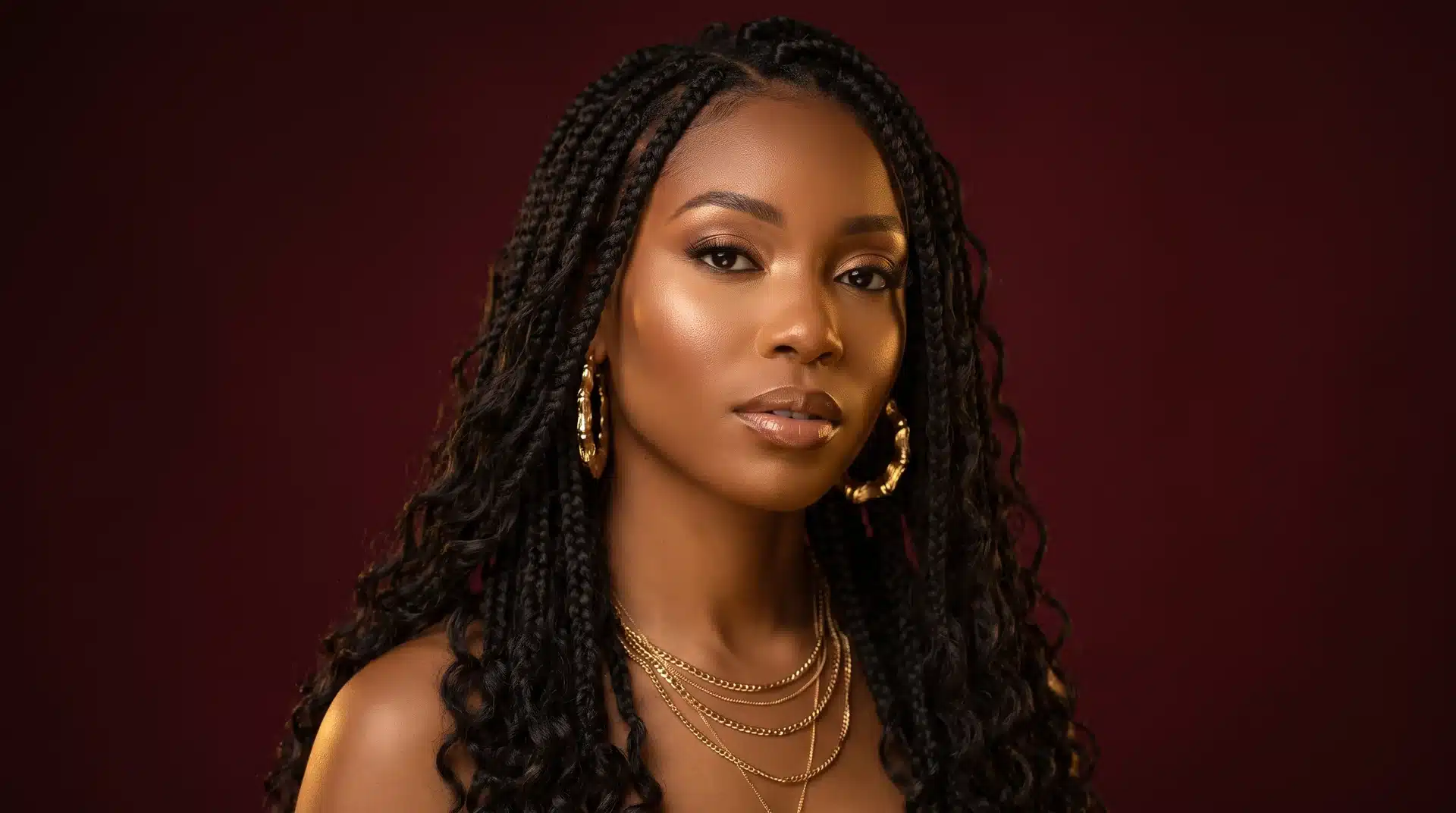 Stunning Black woman with flawless makeup, gold jewelry, and goddess braids with wavy curls.