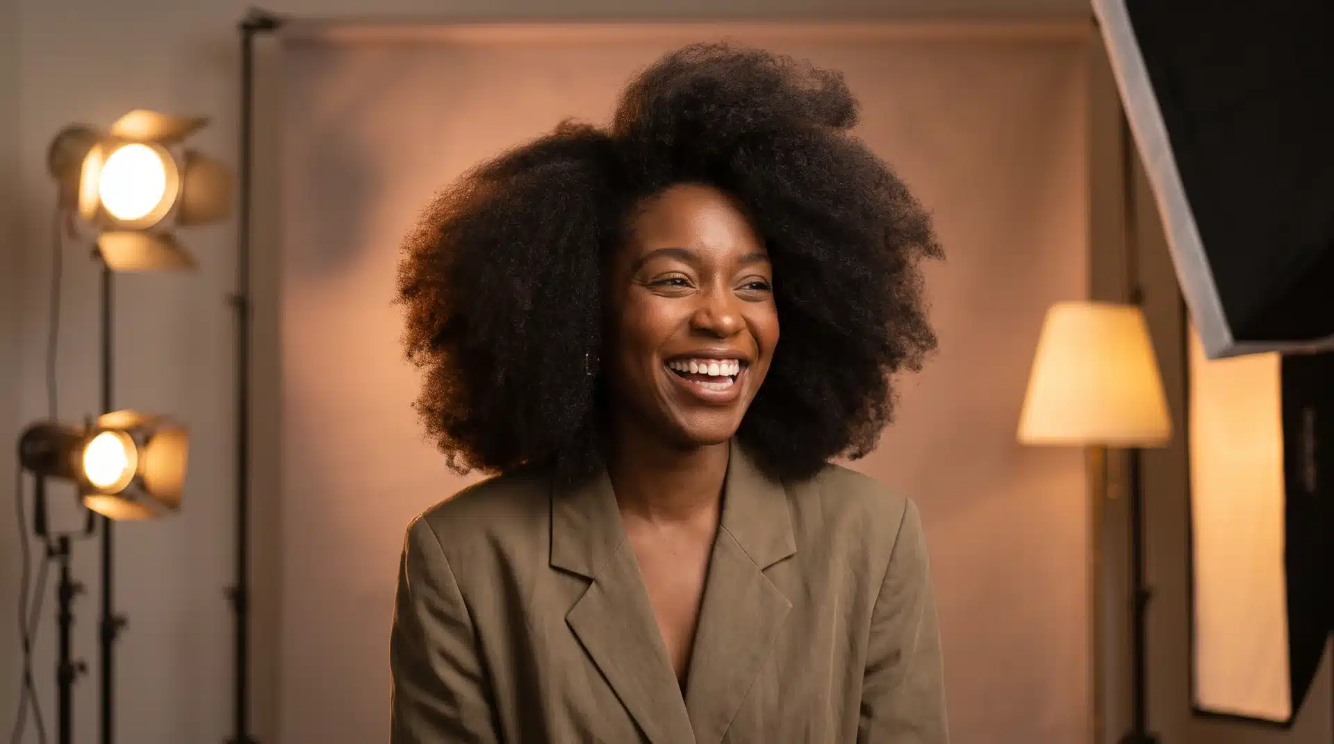 Black woman with a voluminous soft blowout and fluffy stretched natural texture.
