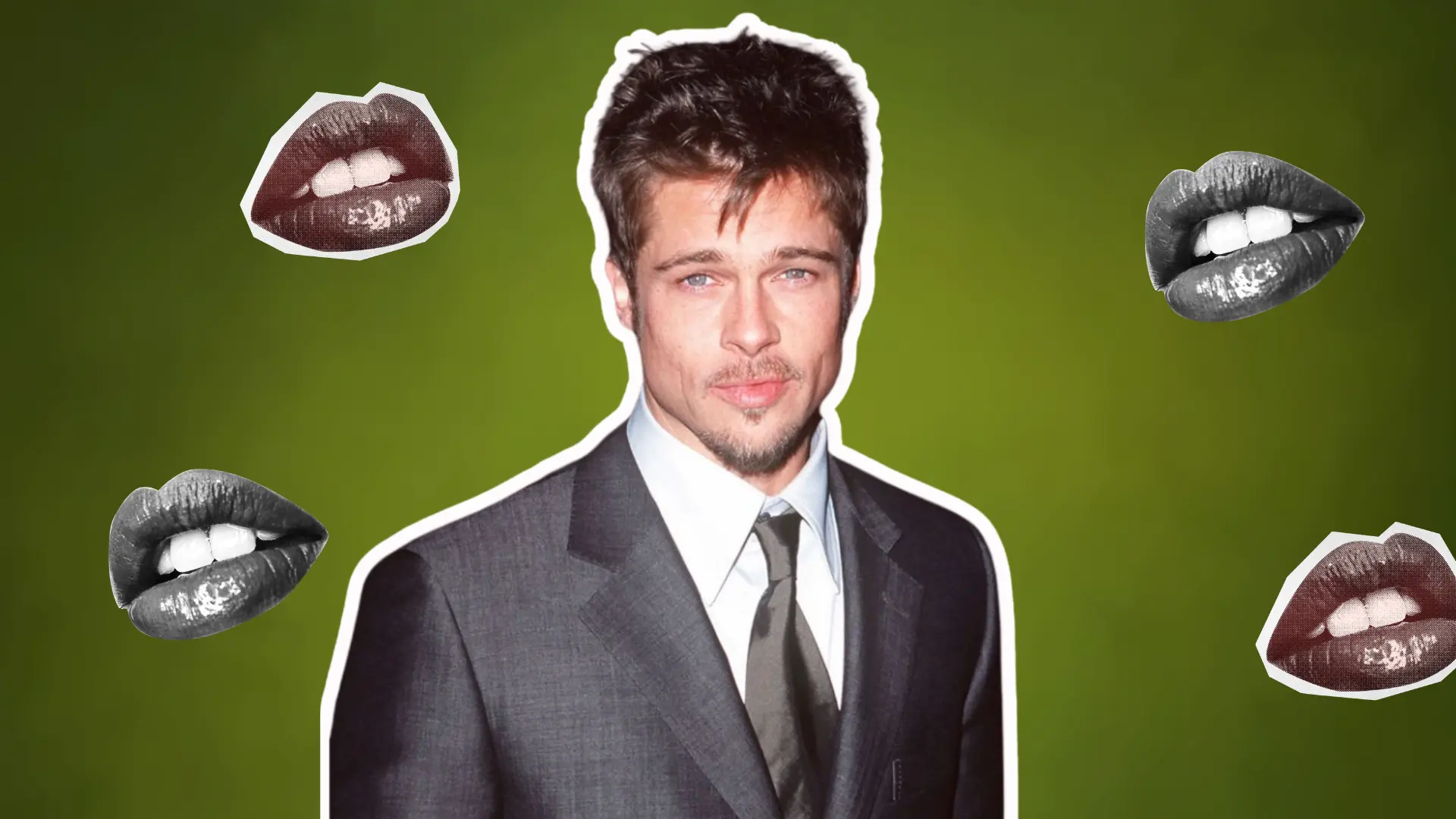 Brad Pitt photographed in a gray suit and tie, representing his decades-long Hollywood career.