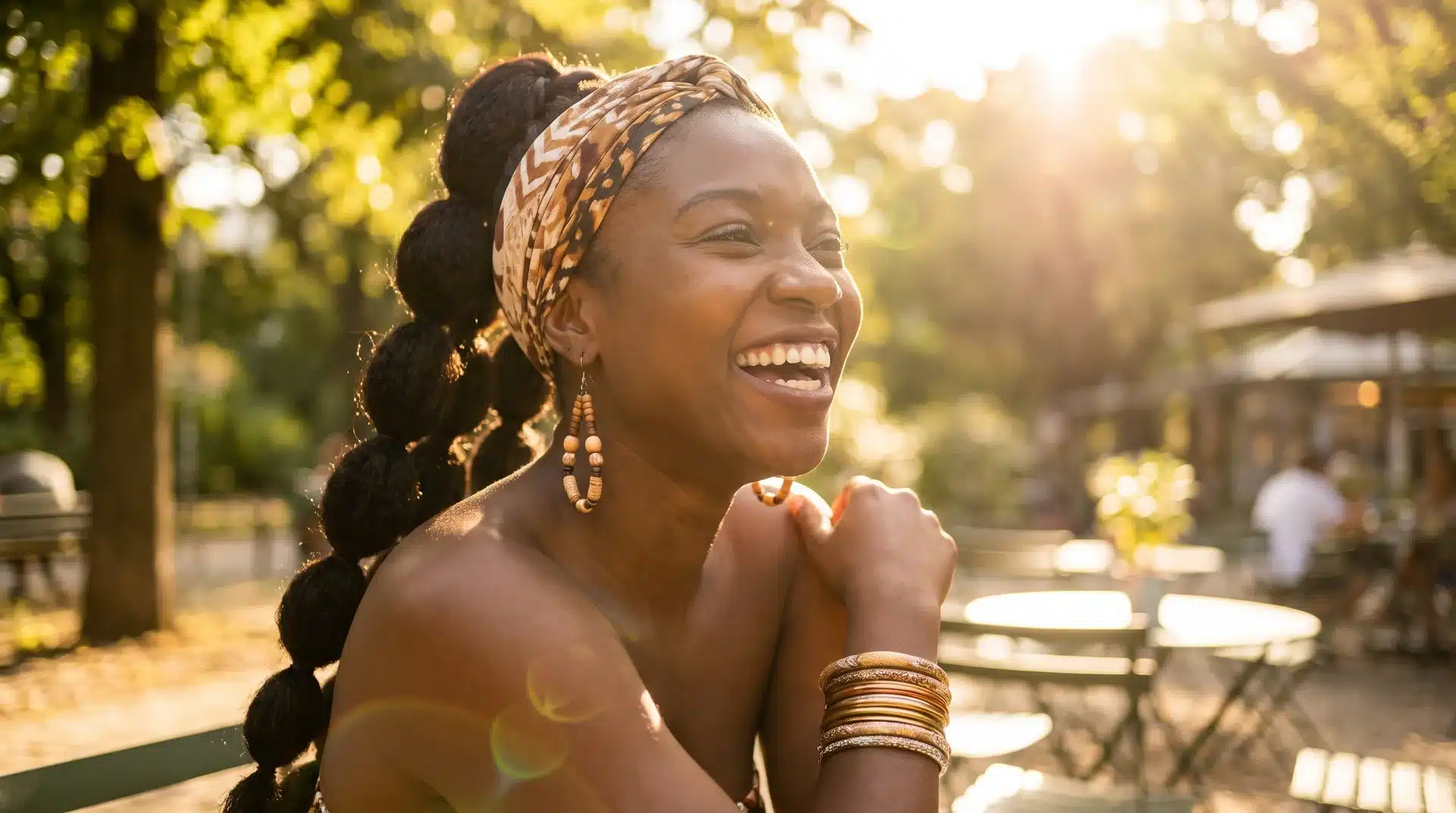 Black woman with bubble braids in a high ponytail with colorful accessories.