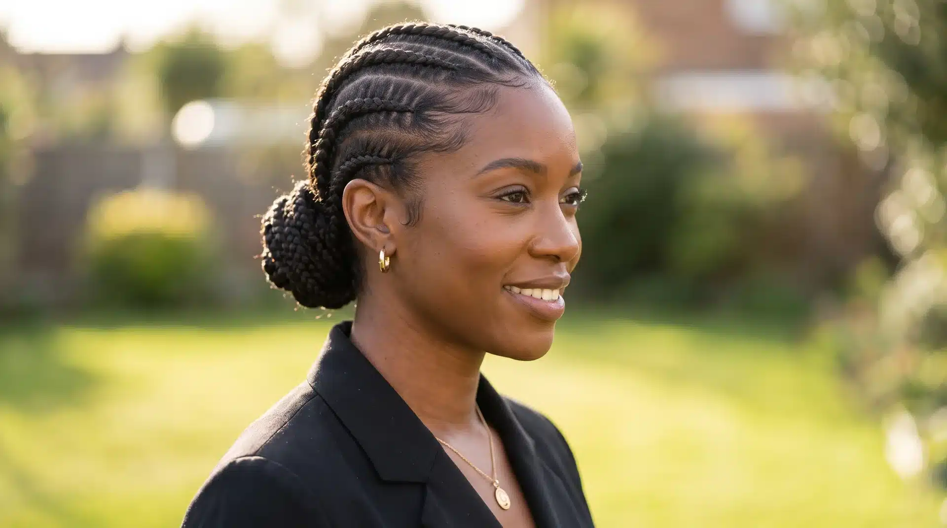 Black woman with raised cornrows styled into a sleek braided bun with laid edges.