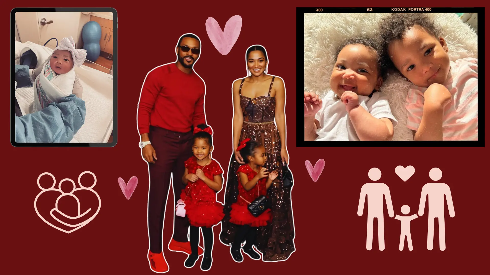 Romeo Miller, Drew Sangster, and their two daughters pictured together as a family across different moments.