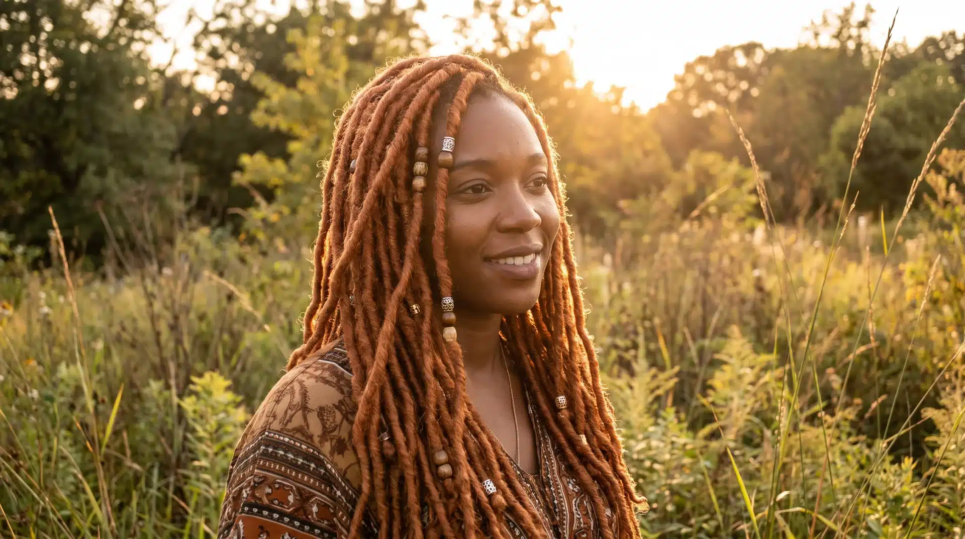 Black woman with long ginger faux locs and beaded ends in golden hour outdoor light.