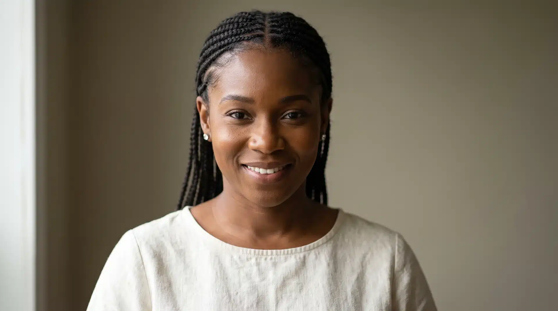 Black woman with neat feed-in braids and a clean natural-looking root line.
