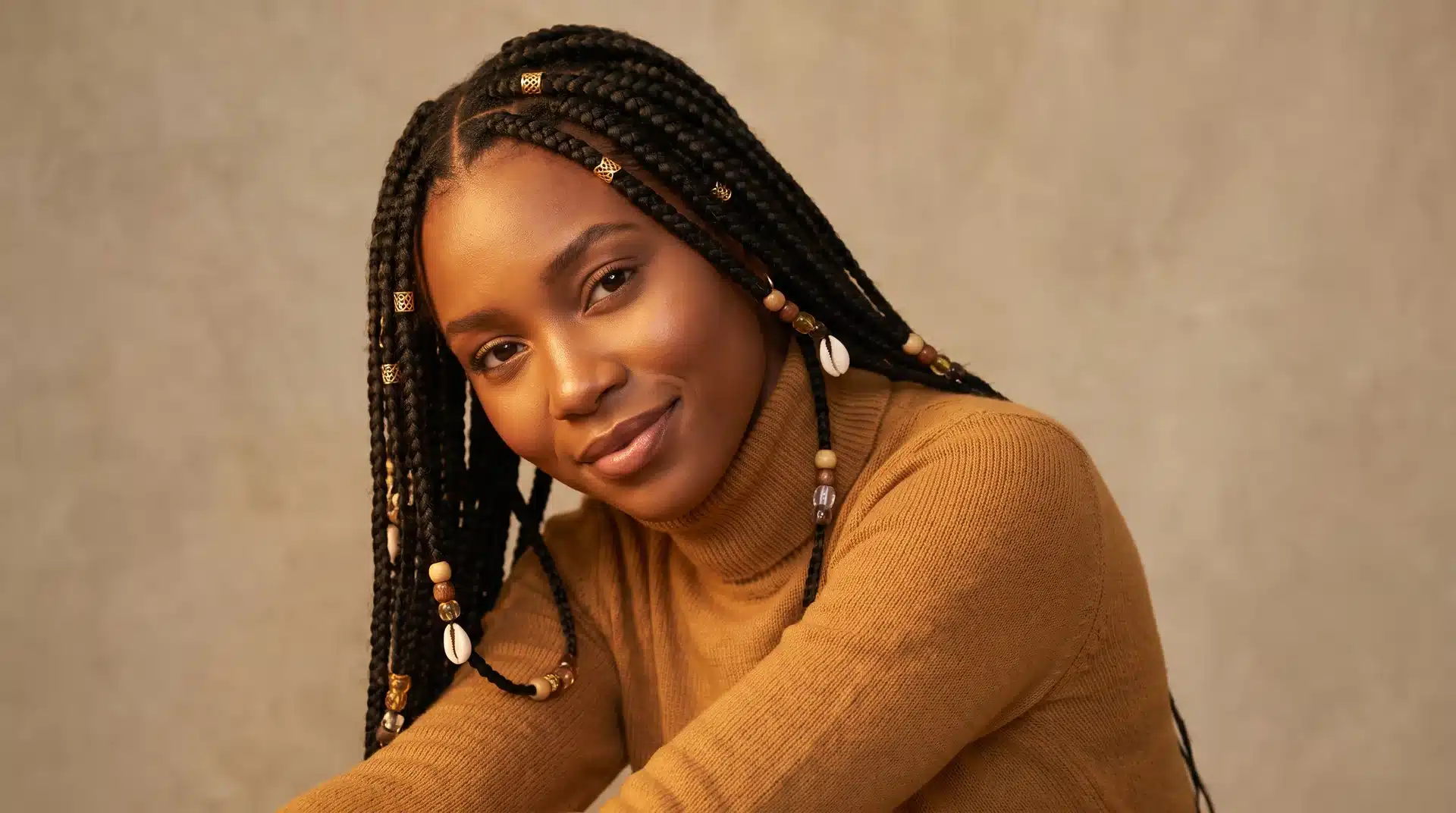 Black woman with center-parted Fulani braids decorated with gold cuffs and beads.