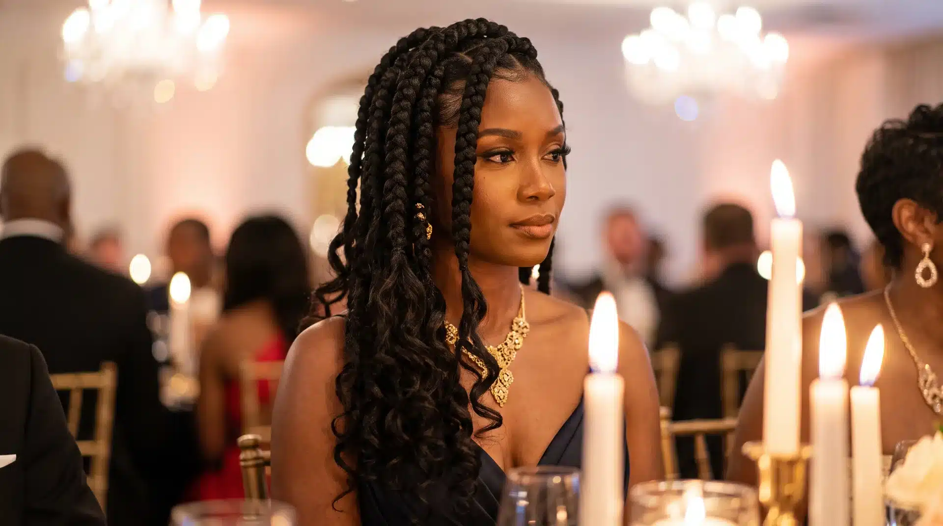 Black woman with large goddess braids and soft wavy curls at the ends for an event.