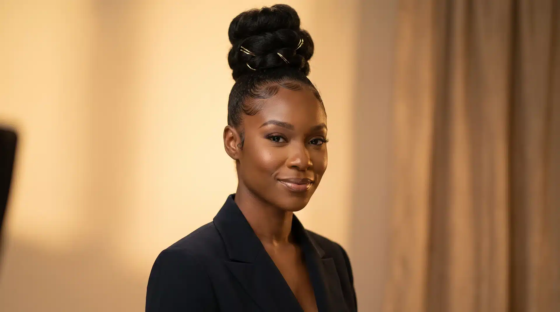 Black woman with a sleek stacked high bun, laid edges, and decorative gold pins.