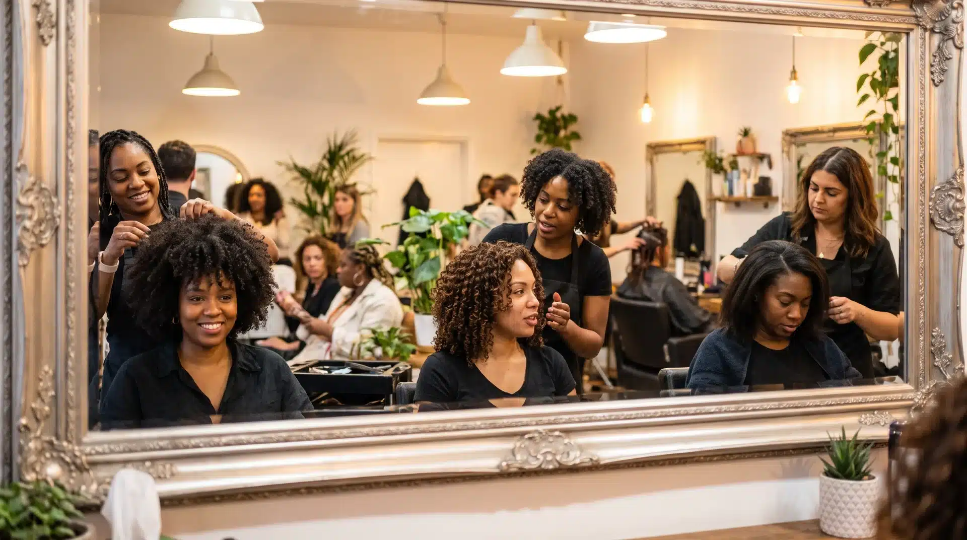 Three Black women in a salon showing different curl textures from coily to relaxed hair types.