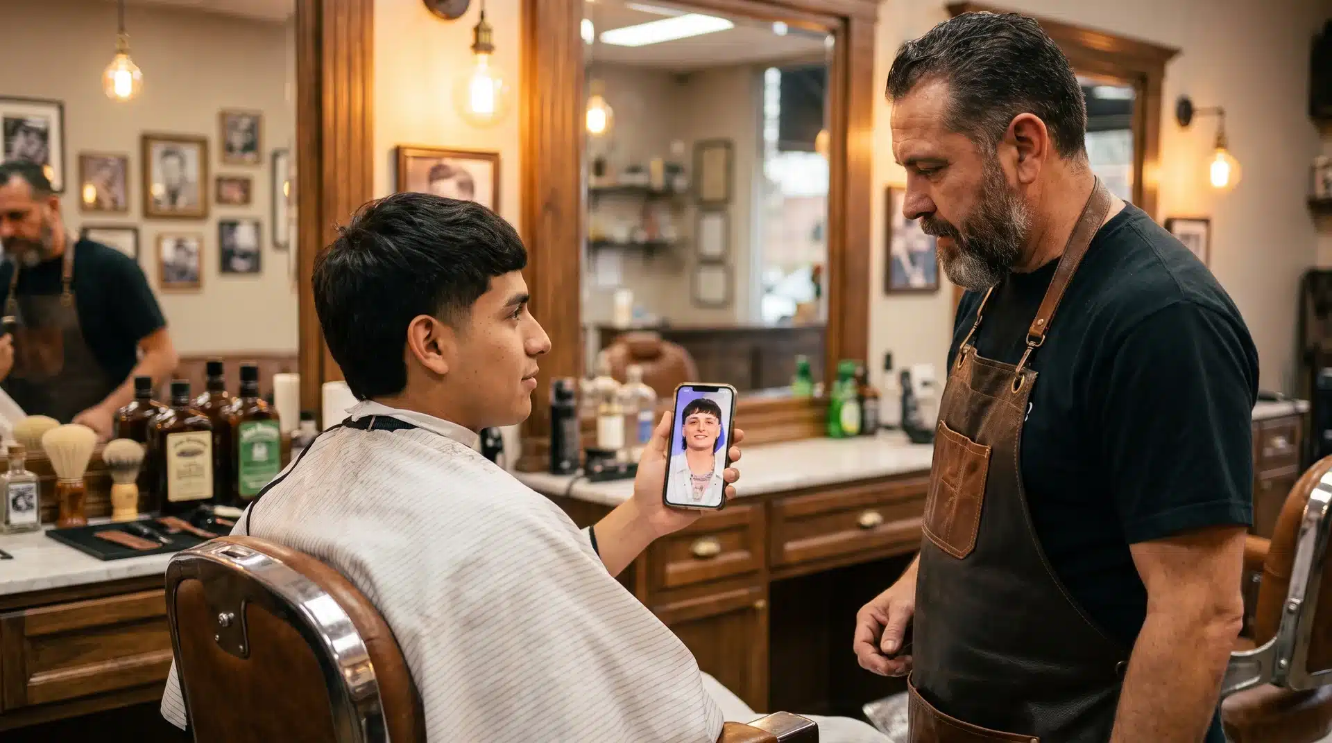Young man showing his barber a photo of the Peso Pluma haircut at a professional barbershop.