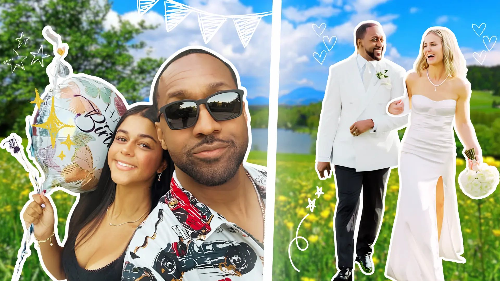 Jaleel White celebrating with his daughter Samaya on the left, and walking arm in arm with his wife Nicoletta Ruhl on their wedding day on the right.