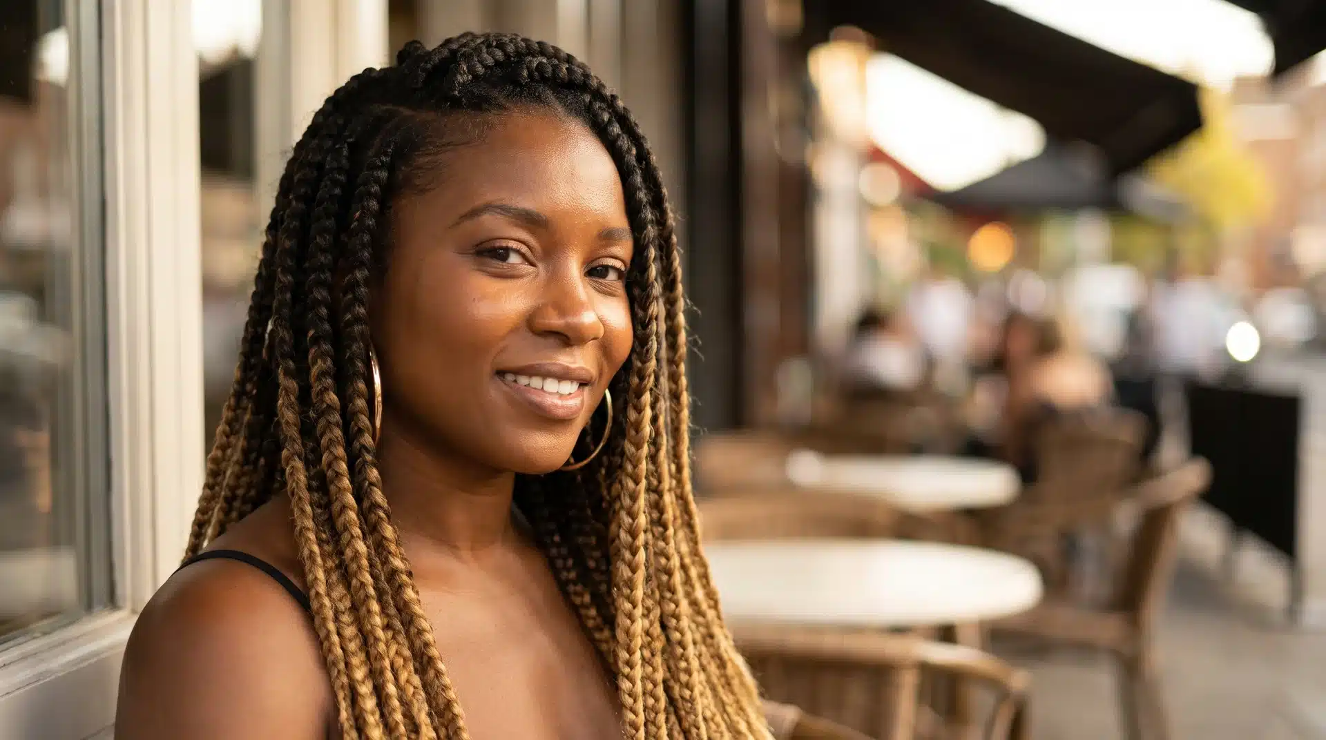 Black woman with jumbo honey blonde ombré knotless box braids and gold hoop earrings.